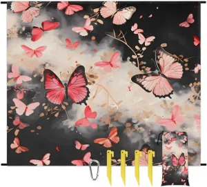 Beach Blanket, Flying Butterflies Sandproof Beach Mat, Waterproof Quick Drying Sand Free Mat with 4 x Ground Spikes for Outdoor Travel Camping Hiking, Butterflies 68 x 59 in