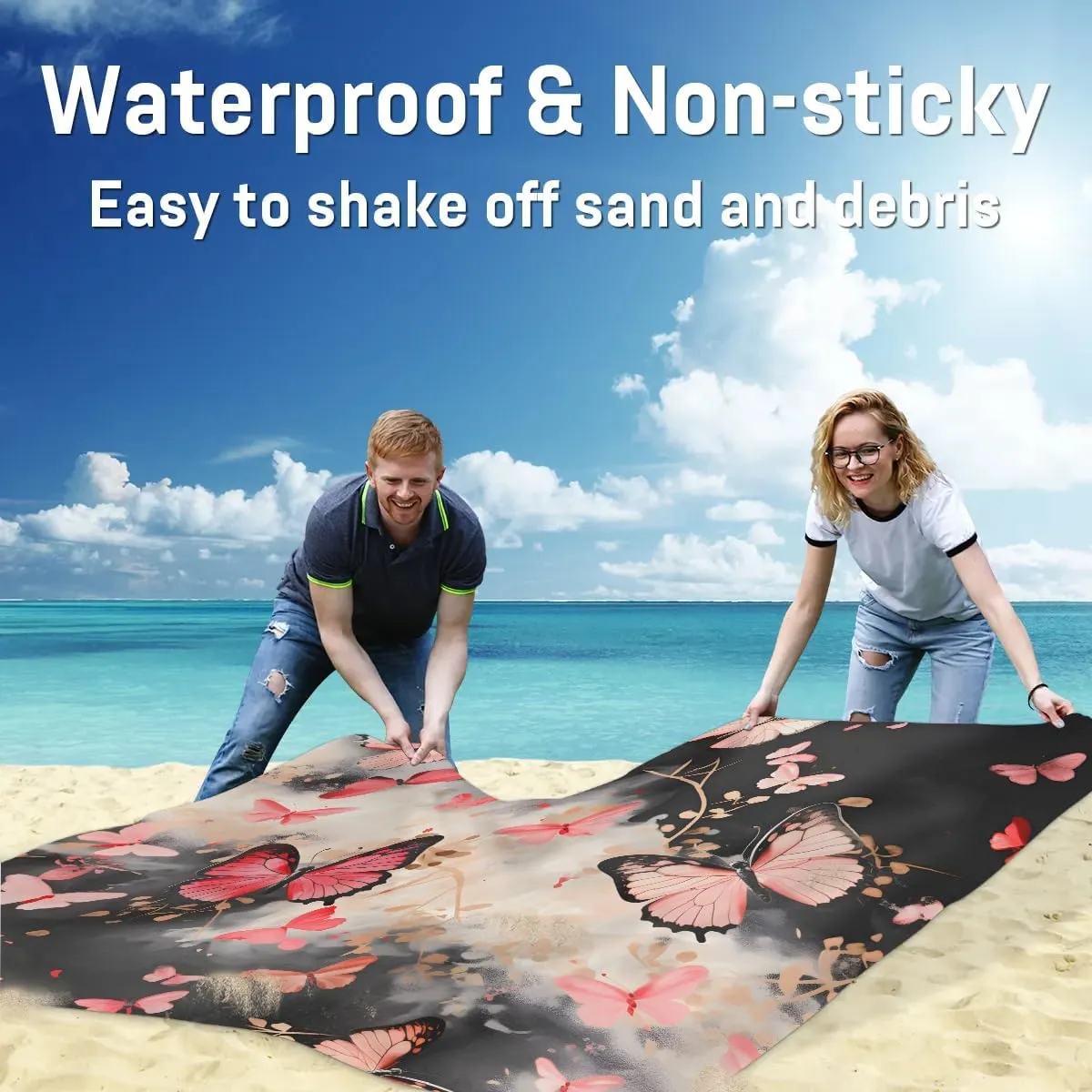 Beach Blanket, Flying Butterflies Sandproof Beach Mat, Waterproof Quick Drying Sand Free Mat with 4 x Ground Spikes for Outdoor Travel Camping Hiking, Butterflies 68 x 59 in