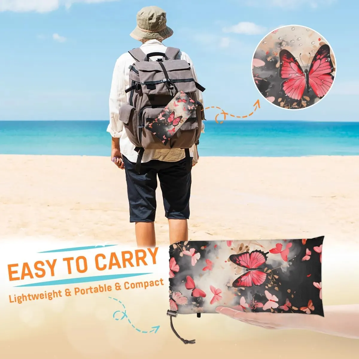 Beach Blanket, Flying Butterflies Sandproof Beach Mat, Waterproof Quick Drying Sand Free Mat with 4 x Ground Spikes for Outdoor Travel Camping Hiking, Butterflies 68 x 59 in