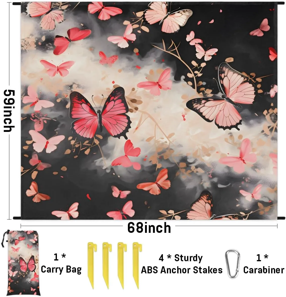 Beach Blanket, Flying Butterflies Sandproof Beach Mat, Waterproof Quick Drying Sand Free Mat with 4 x Ground Spikes for Outdoor Travel Camping Hiking, Butterflies 68 x 59 in