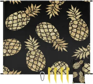 Beach Blanket, Gold Pineapple Sandproof Beach Mat, Waterproof Quick Drying Sand Free Mat with 4 x Ground Spikes for Outdoor Travel Camping Hiking, Pineapple 68 x 59 in