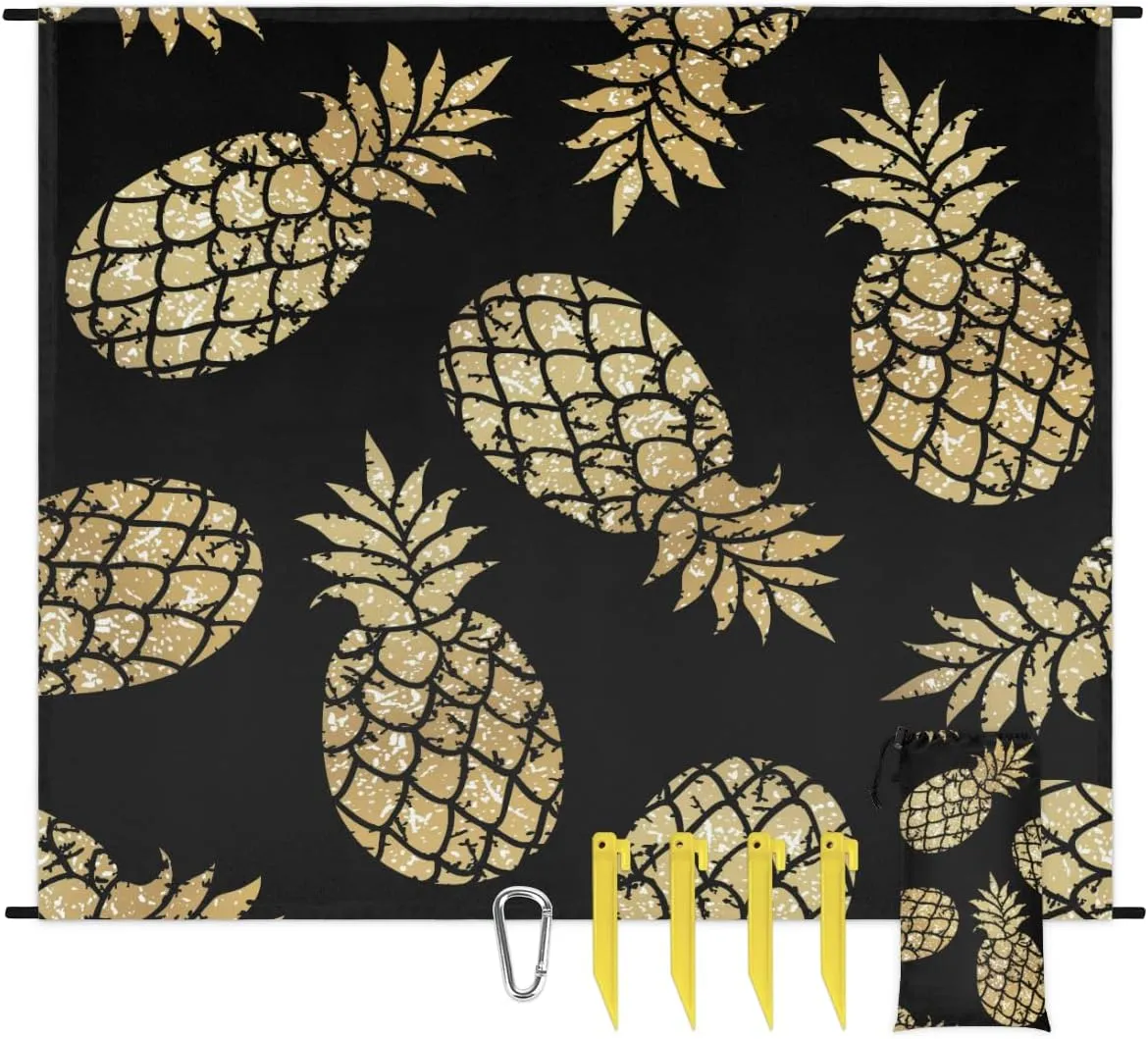 Beach Blanket, Gold Pineapple Sandproof Beach Mat, Waterproof Quick Drying Sand Free Mat with 4 x Ground Spikes for Outdoor Travel Camping Hiking, Pineapple 68 x 59 in