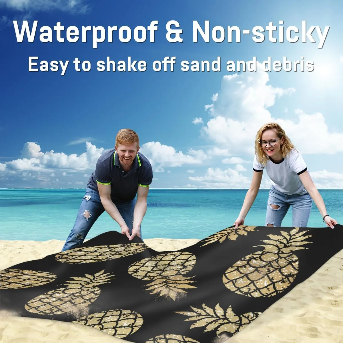 Beach Blanket, Gold Pineapple Sandproof Beach Mat, Waterproof Quick Drying Sand Free Mat with 4 x Ground Spikes for Outdoor Travel Camping Hiking, Pineapple 68 x 59 in