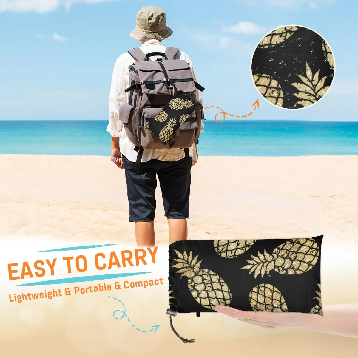 Beach Blanket, Gold Pineapple Sandproof Beach Mat, Waterproof Quick Drying Sand Free Mat with 4 x Ground Spikes for Outdoor Travel Camping Hiking, Pineapple 68 x 59 in