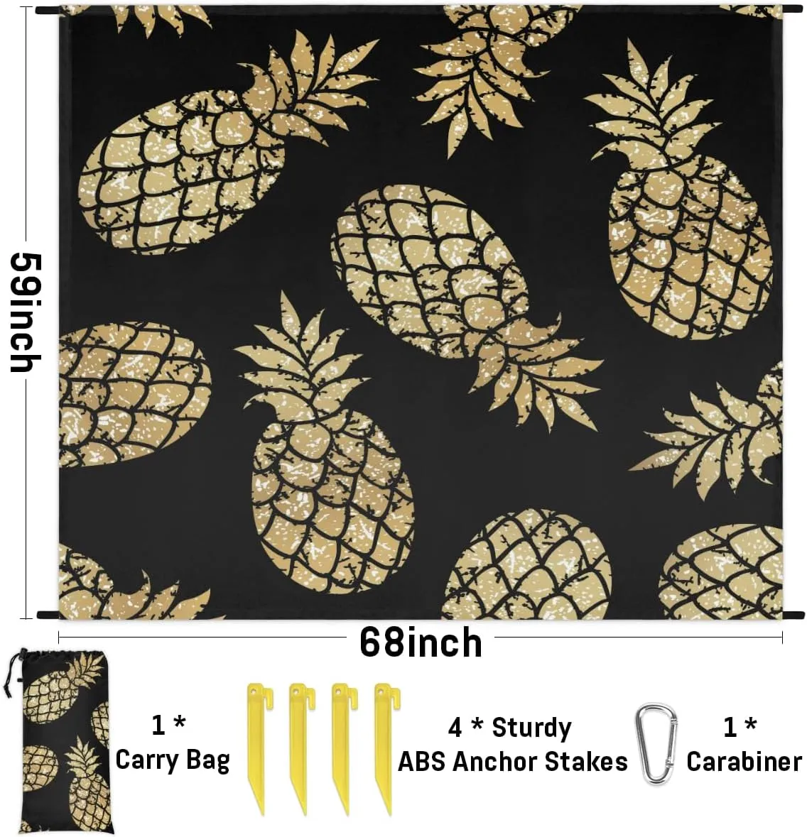 Beach Blanket, Gold Pineapple Sandproof Beach Mat, Waterproof Quick Drying Sand Free Mat with 4 x Ground Spikes for Outdoor Travel Camping Hiking, Pineapple 68 x 59 in