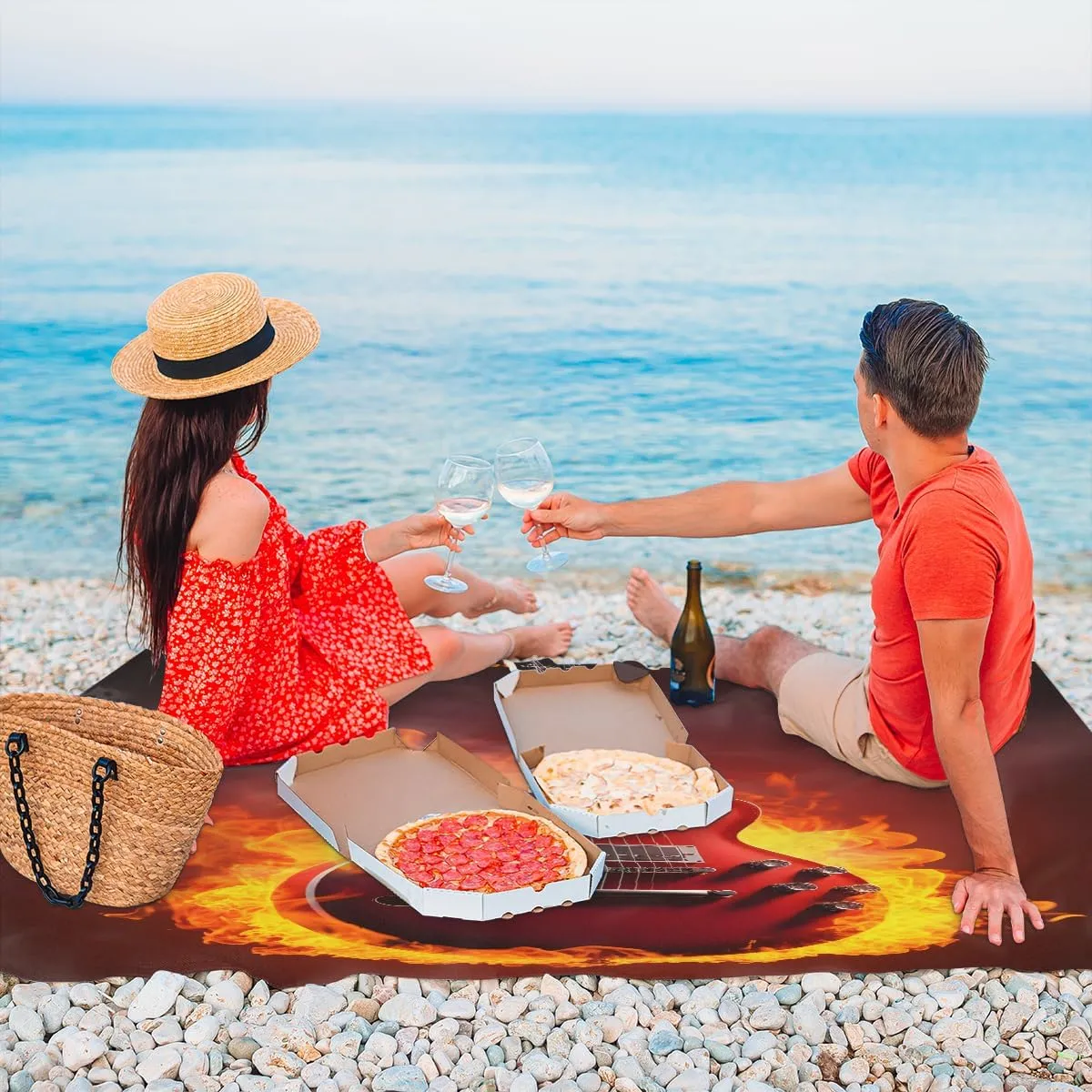Beach Blanket, Guitar Flame Sandproof Beach Mat, Waterproof Quick Drying Sand Free Mat with 4 x Ground Spikes for Outdoor Travel Camping Hiking, Music Theme 68 x 59 in