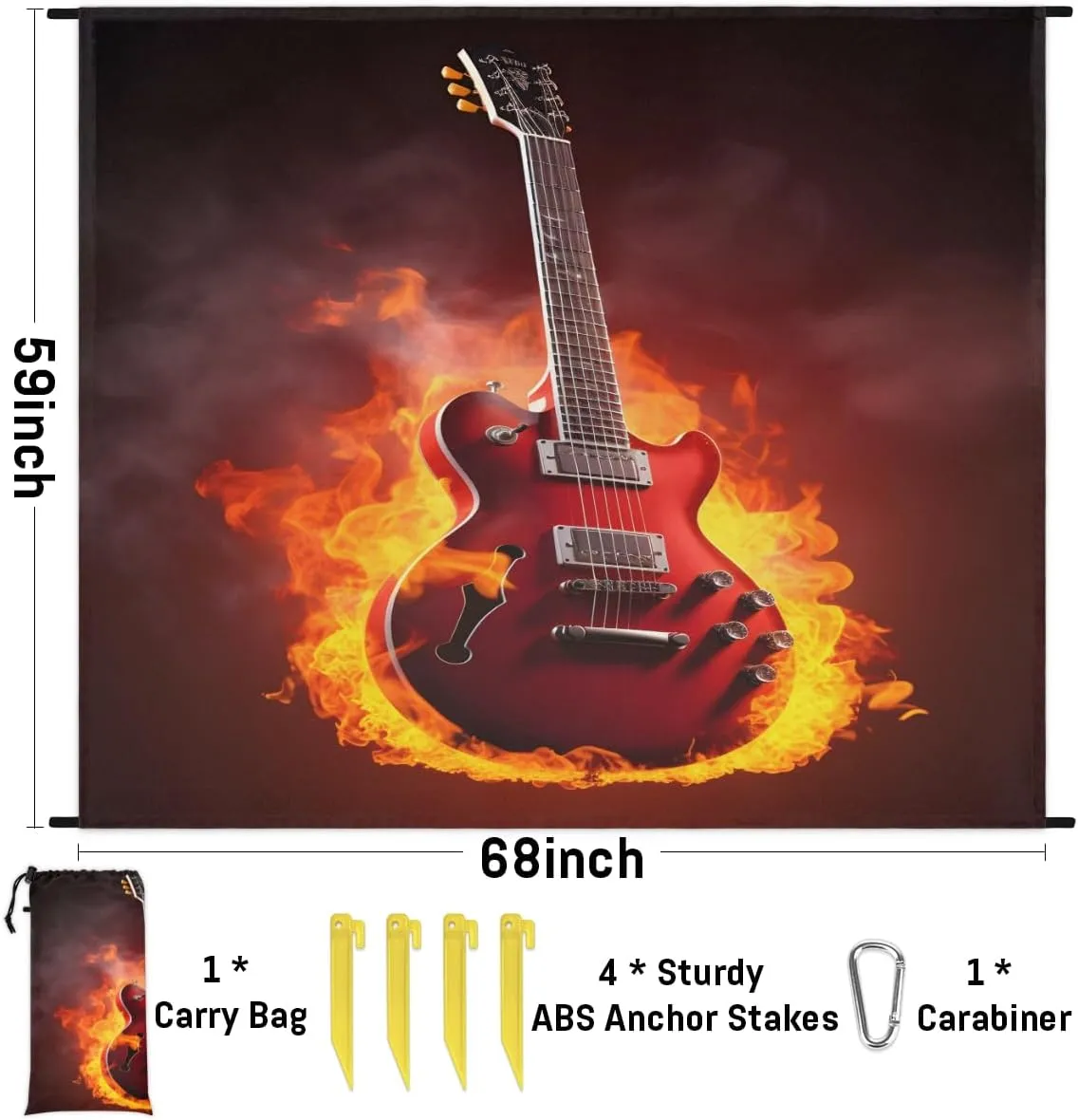 Beach Blanket, Guitar Flame Sandproof Beach Mat, Waterproof Quick Drying Sand Free Mat with 4 x Ground Spikes for Outdoor Travel Camping Hiking, Music Theme 68 x 59 in