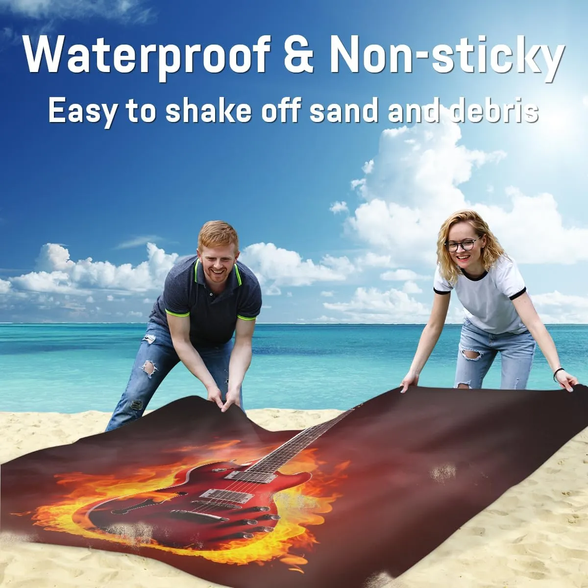 Beach Blanket, Guitar Flame Sandproof Beach Mat, Waterproof Quick Drying Sand Free Mat with 4 x Ground Spikes for Outdoor Travel Camping Hiking, Music Theme 68 x 59 in