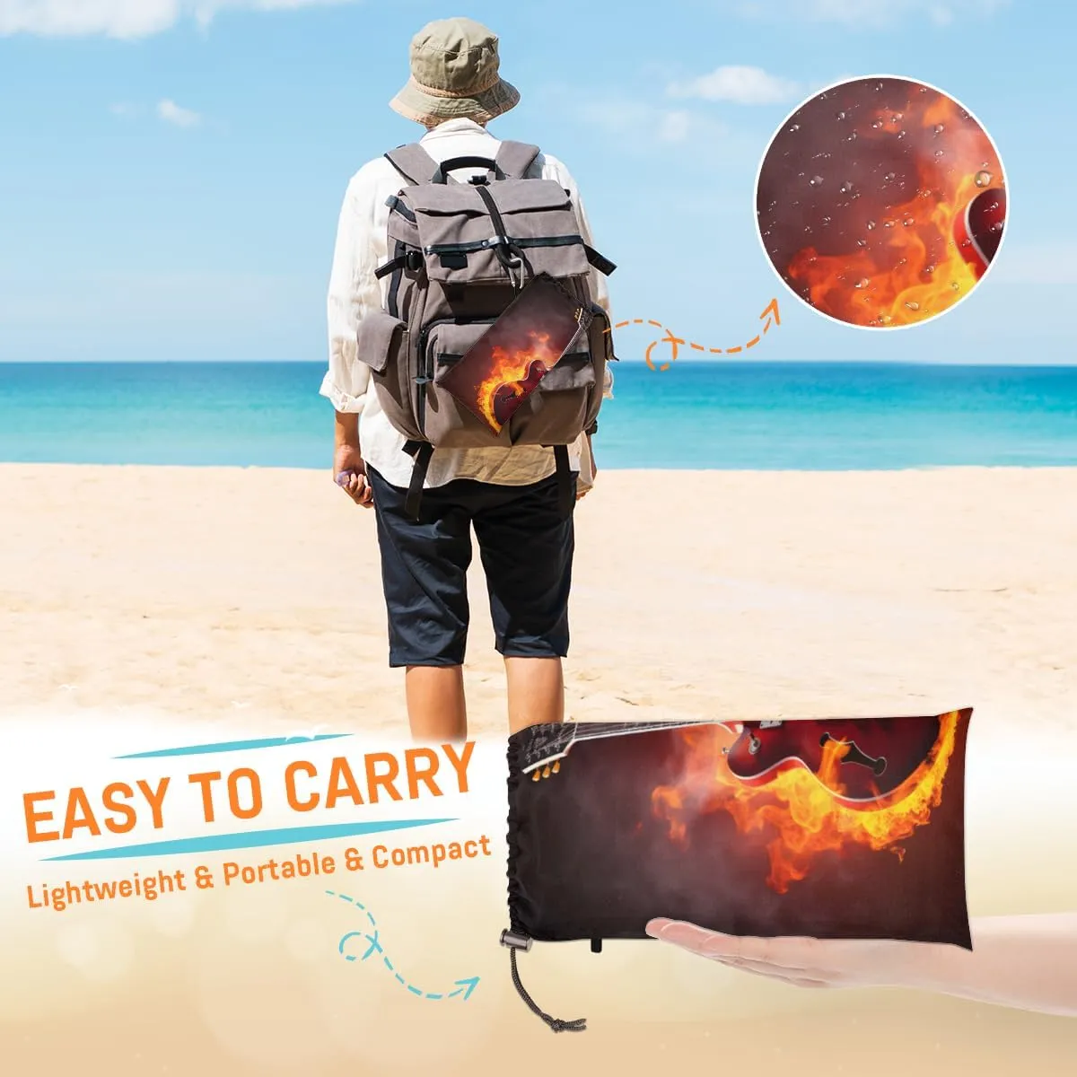 Beach Blanket, Guitar Flame Sandproof Beach Mat, Waterproof Quick Drying Sand Free Mat with 4 x Ground Spikes for Outdoor Travel Camping Hiking, Music Theme 68 x 59 in