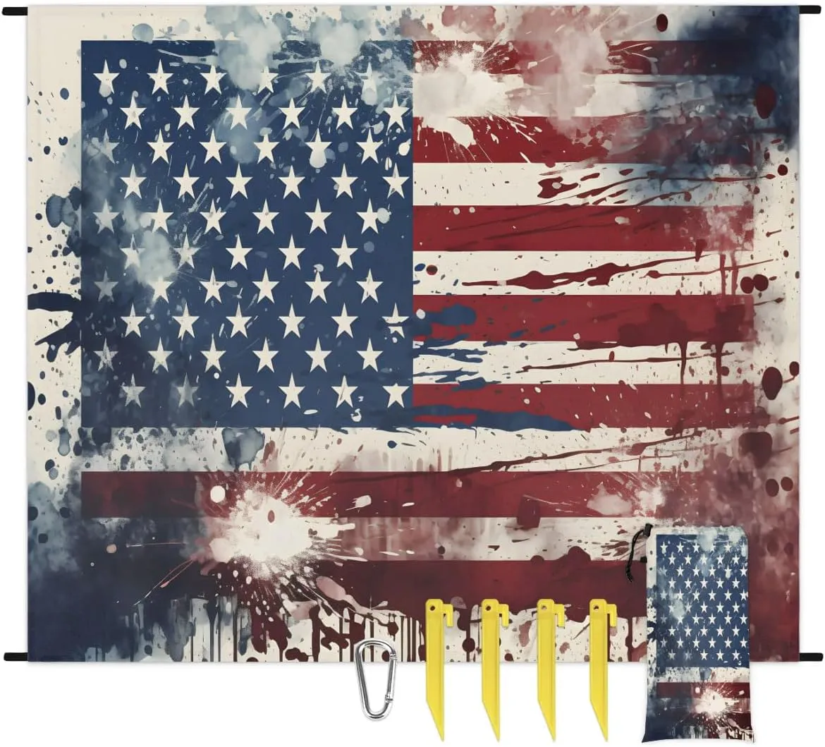 Beach Blanket, Independence Day Sandproof Beach Mat, Waterproof Quick Drying Sand Free Mat with 4 x Ground Spikes for Outdoor Travel Camping Hiking, American Flag 68 x 59 in