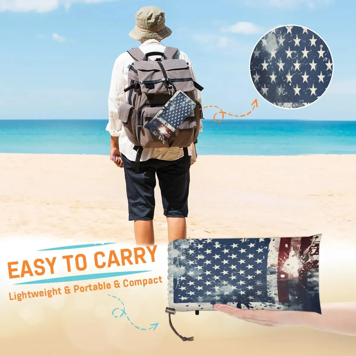 Beach Blanket, Independence Day Sandproof Beach Mat, Waterproof Quick Drying Sand Free Mat with 4 x Ground Spikes for Outdoor Travel Camping Hiking, American Flag 68 x 59 in