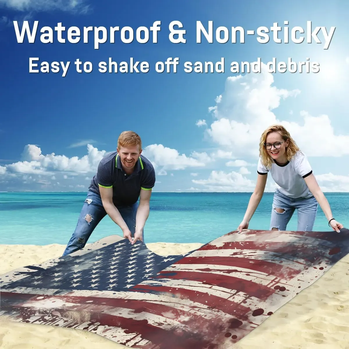 Beach Blanket, Independence Day Sandproof Beach Mat, Waterproof Quick Drying Sand Free Mat with 4 x Ground Spikes for Outdoor Travel Camping Hiking, American Flag 68 x 59 in