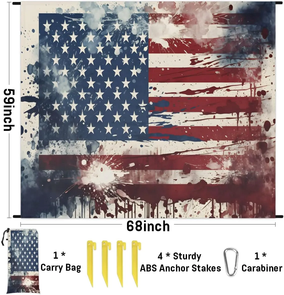 Beach Blanket, Independence Day Sandproof Beach Mat, Waterproof Quick Drying Sand Free Mat with 4 x Ground Spikes for Outdoor Travel Camping Hiking, American Flag 68 x 59 in