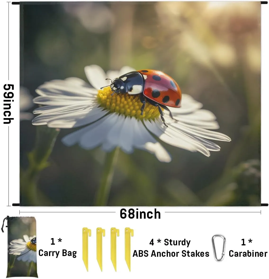 Beach Blanket, Ladybugs Sandproof Beach Mat, Waterproof Quick Drying Sand Free Mat with 4 x Ground Spikes for Outdoor Travel Camping Hiking, Spring White Daisy 68 x 59 in