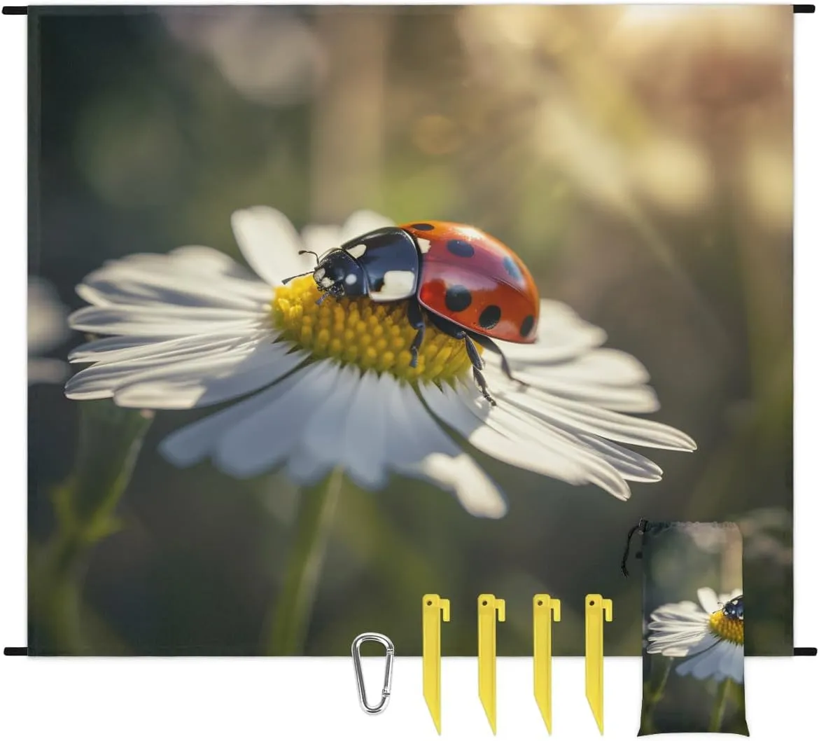 Beach Blanket, Ladybugs Sandproof Beach Mat, Waterproof Quick Drying Sand Free Mat with 4 x Ground Spikes for Outdoor Travel Camping Hiking, Spring White Daisy 68 x 59 in