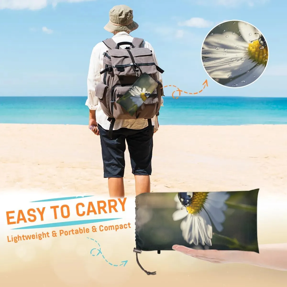 Beach Blanket, Ladybugs Sandproof Beach Mat, Waterproof Quick Drying Sand Free Mat with 4 x Ground Spikes for Outdoor Travel Camping Hiking, Spring White Daisy 68 x 59 in