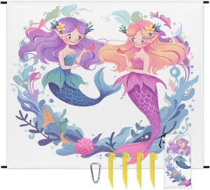 Beach Blanket, Mermaids Sandproof Beach Mat, Waterproof Quick Drying Sand Free Mat with 4 x Ground Spikes for Outdoor Travel Camping Hiking, Cute Cartoon Mermaid 68 x 59 in