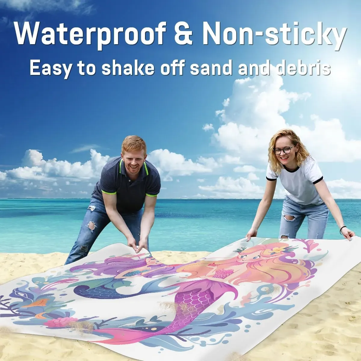 Beach Blanket, Mermaids Sandproof Beach Mat, Waterproof Quick Drying Sand Free Mat with 4 x Ground Spikes for Outdoor Travel Camping Hiking, Cute Cartoon Mermaid 68 x 59 in