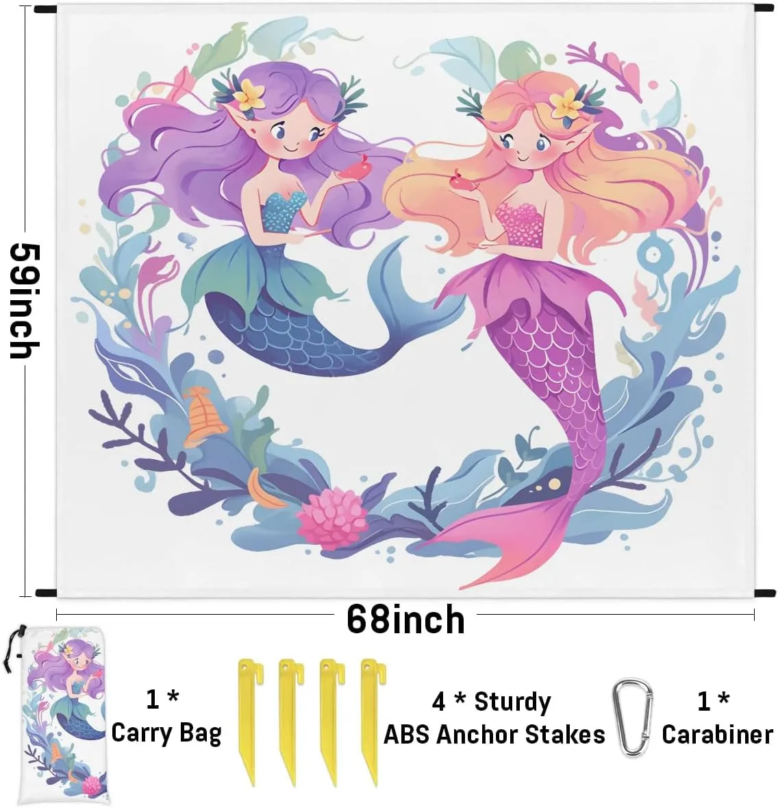 Beach Blanket, Mermaids Sandproof Beach Mat, Waterproof Quick Drying Sand Free Mat with 4 x Ground Spikes for Outdoor Travel Camping Hiking, Cute Cartoon Mermaid 68 x 59 in