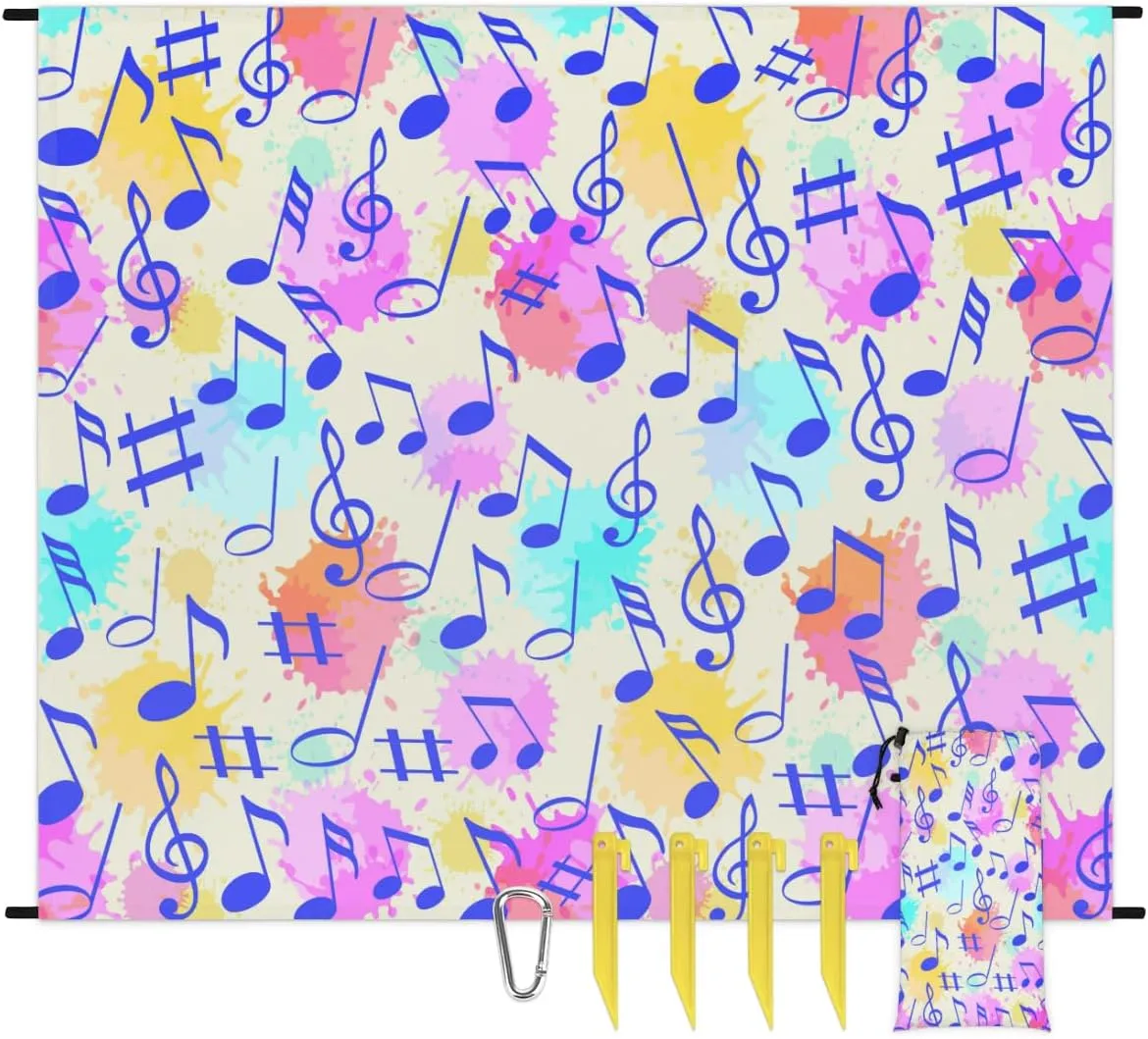 Beach Blanket, Music Note Sandproof Beach Mat, Waterproof Quick Drying Sand Free Mat with 4 x Ground Spikes for Outdoor Travel Camping Hiking, Musical Theme 68 x 59 in