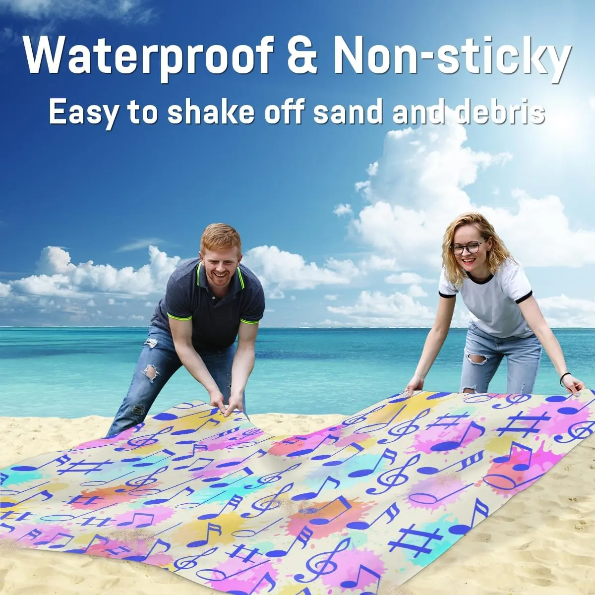 Beach Blanket, Music Note Sandproof Beach Mat, Waterproof Quick Drying Sand Free Mat with 4 x Ground Spikes for Outdoor Travel Camping Hiking, Musical Theme 68 x 59 in
