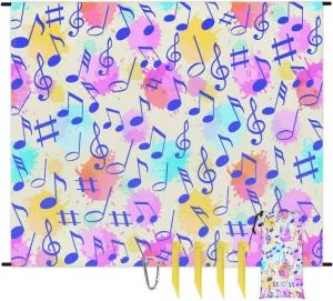 Beach Blanket, Music Note Sandproof Beach Mat, Waterproof Quick Drying Sand Free Mat with 4 x Ground Spikes for Outdoor Travel Camping Hiking, Musical Theme 68 x 59 in