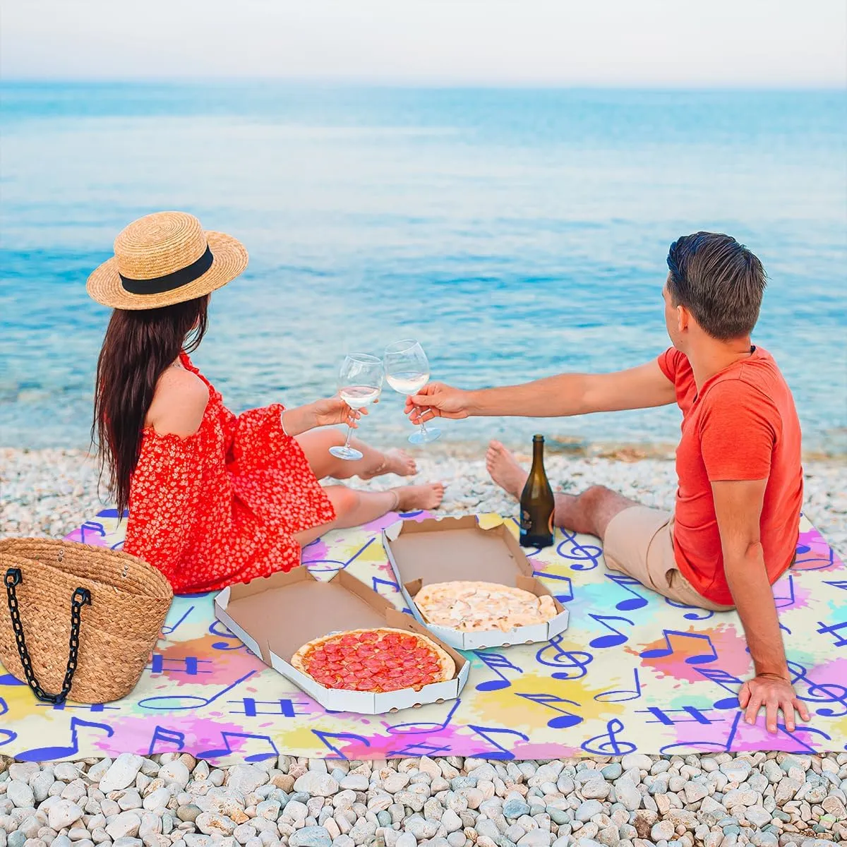 Beach Blanket, Music Note Sandproof Beach Mat, Waterproof Quick Drying Sand Free Mat with 4 x Ground Spikes for Outdoor Travel Camping Hiking, Musical Theme 68 x 59 in