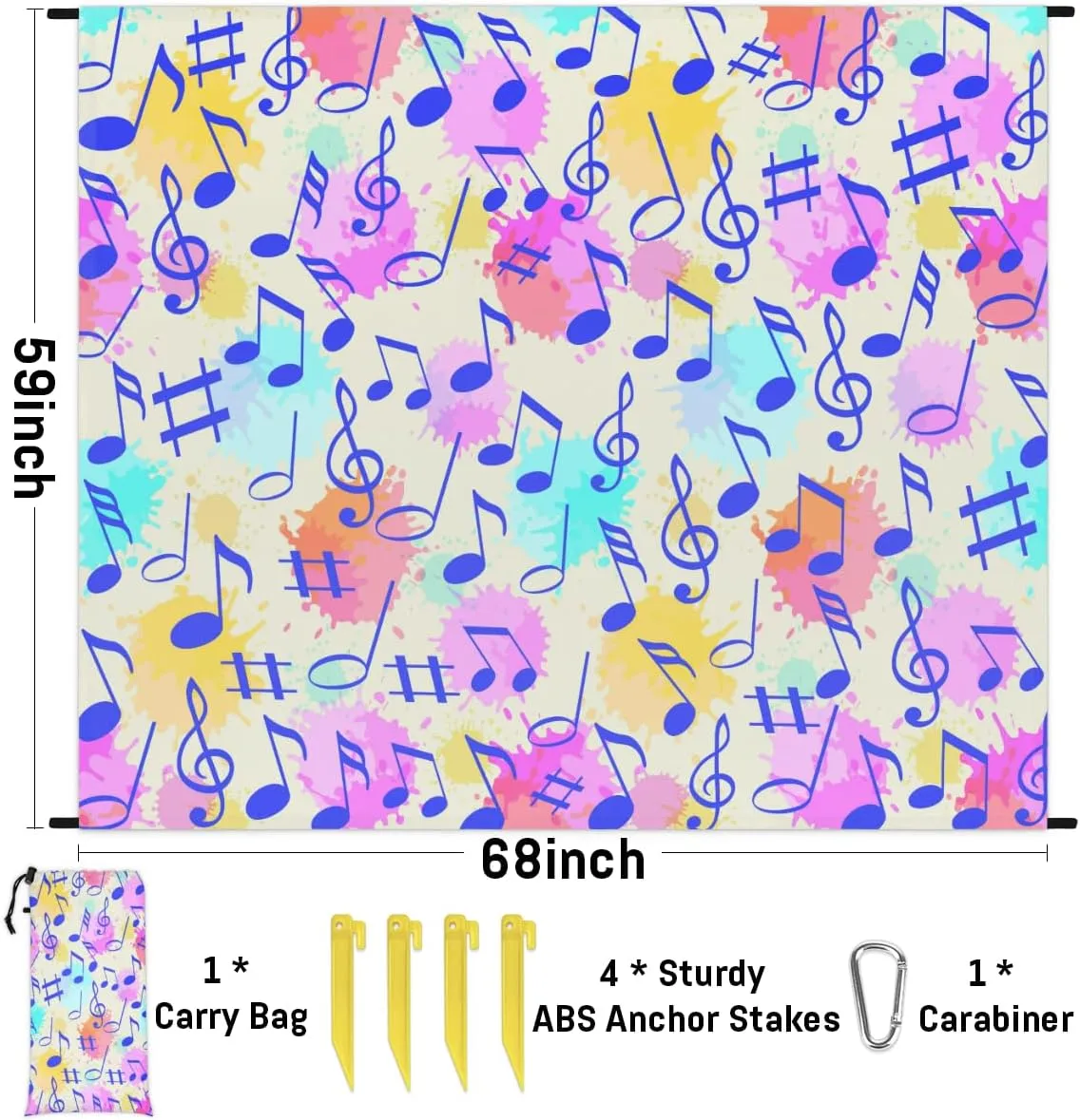 Beach Blanket, Music Note Sandproof Beach Mat, Waterproof Quick Drying Sand Free Mat with 4 x Ground Spikes for Outdoor Travel Camping Hiking, Musical Theme 68 x 59 in
