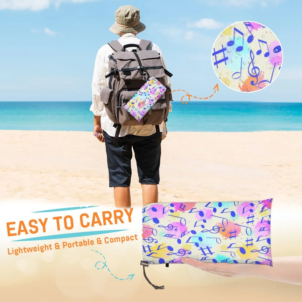 Beach Blanket, Music Note Sandproof Beach Mat, Waterproof Quick Drying Sand Free Mat with 4 x Ground Spikes for Outdoor Travel Camping Hiking, Musical Theme 68 x 59 in