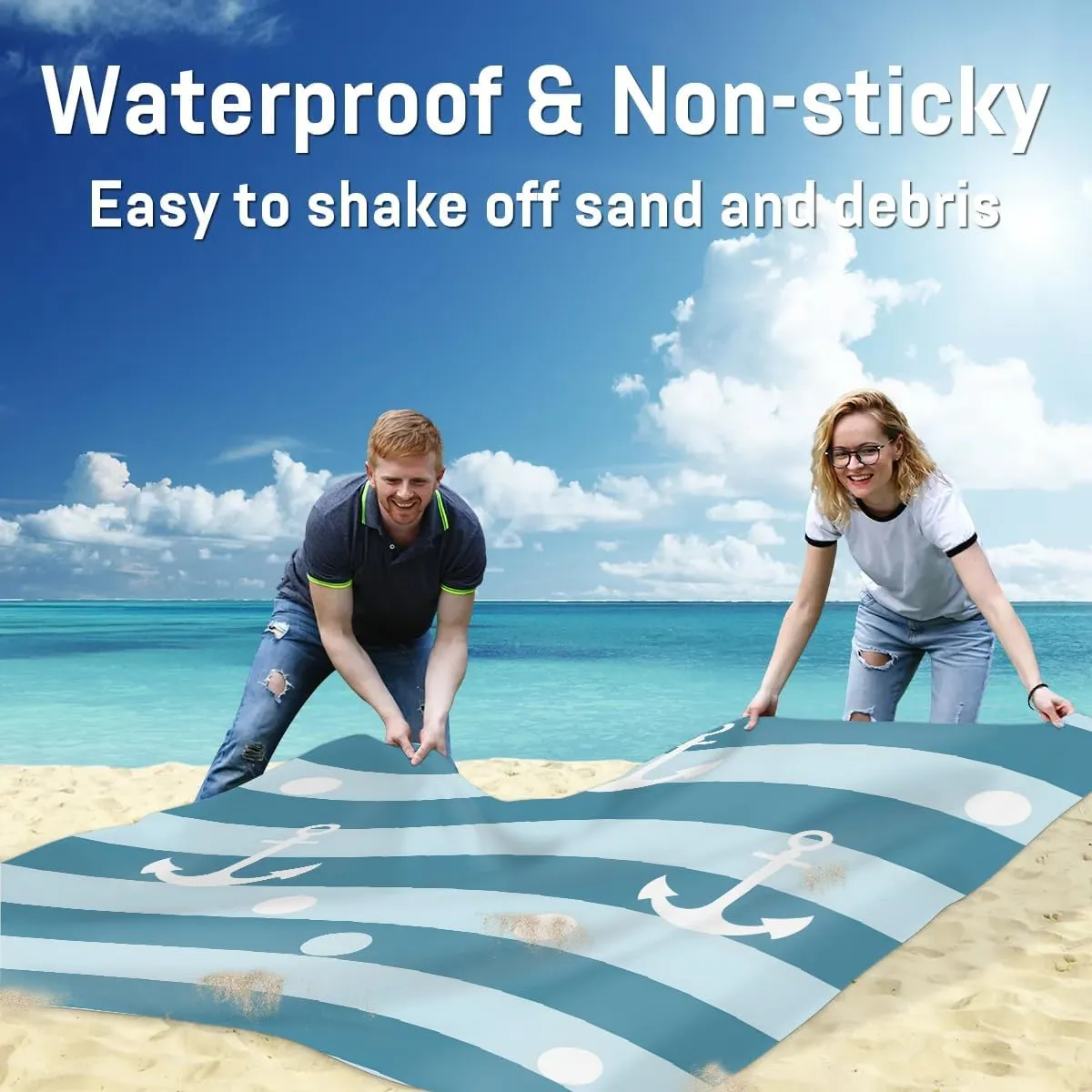 Beach Blanket, Ocean Theme Nautical Stripe Sandproof Beach Mat, Waterproof Quick Drying Sand Free Mat with 4 x Ground Spikes for Outdoor Travel Camping Hiking, Anchor 68 x 59 in