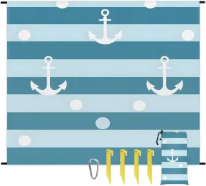 Beach Blanket, Ocean Theme Nautical Stripe Sandproof Beach Mat, Waterproof Quick Drying Sand Free Mat with 4 x Ground Spikes for Outdoor Travel Camping Hiking, Anchor 68 x 59 in