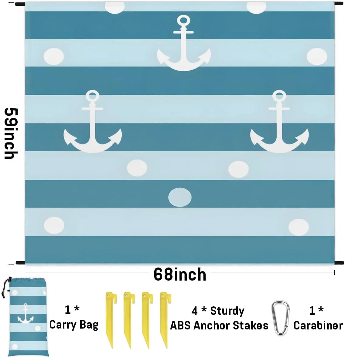 Beach Blanket, Ocean Theme Nautical Stripe Sandproof Beach Mat, Waterproof Quick Drying Sand Free Mat with 4 x Ground Spikes for Outdoor Travel Camping Hiking, Anchor 68 x 59 in