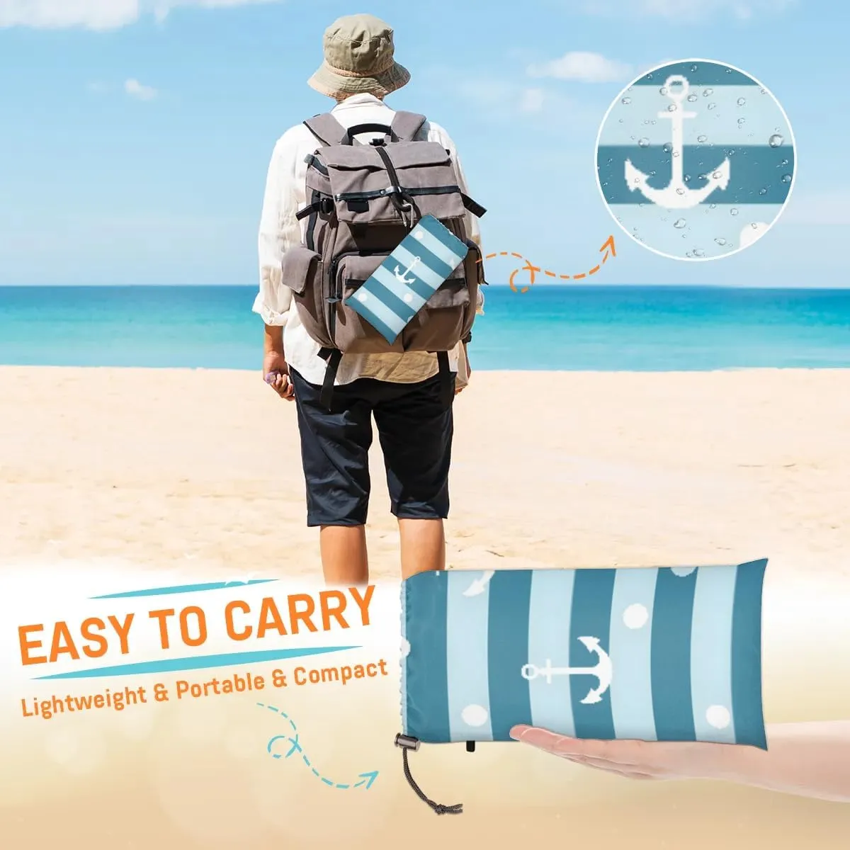 Beach Blanket, Ocean Theme Nautical Stripe Sandproof Beach Mat, Waterproof Quick Drying Sand Free Mat with 4 x Ground Spikes for Outdoor Travel Camping Hiking, Anchor 68 x 59 in