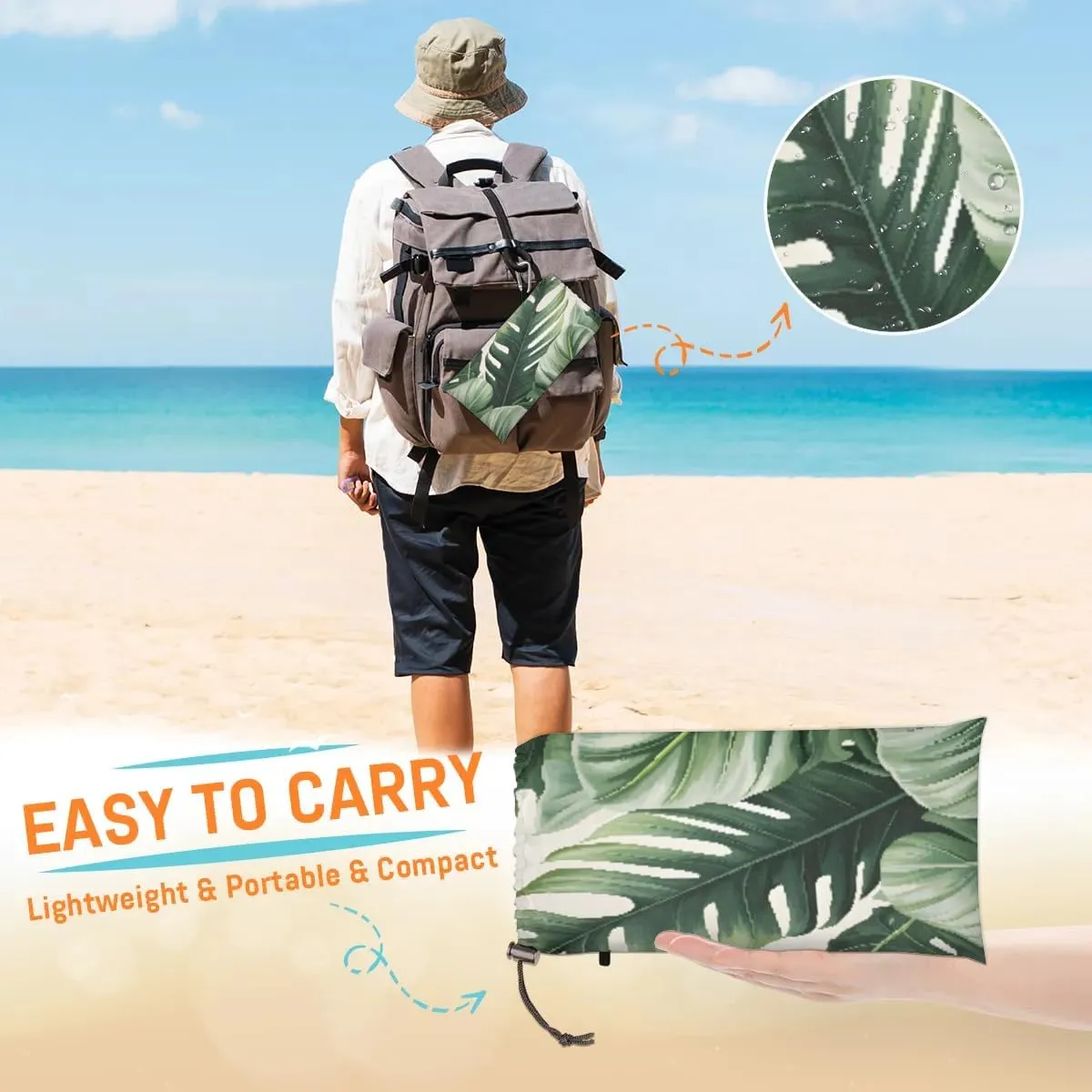 Beach Blanket, Palm Leaves Sandproof Beach Mat, Waterproof Quick Drying Sand Free Mat with 4 x Ground Spikes for Outdoor Travel Camping Hiking, Tropical Palm Leaves 68 x 59 in