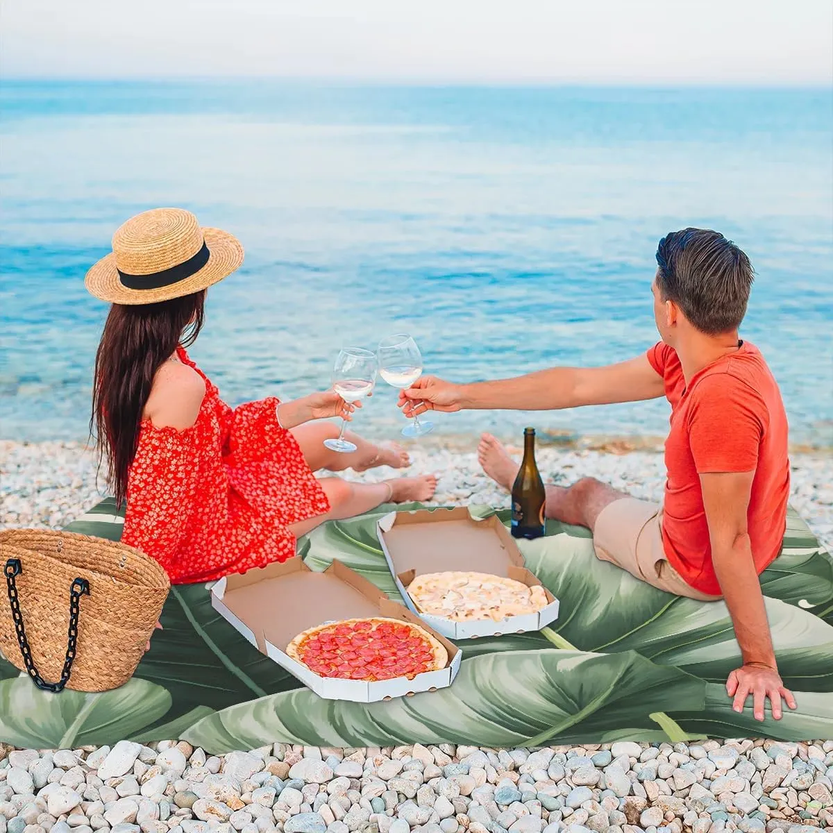 Beach Blanket, Palm Leaves Sandproof Beach Mat, Waterproof Quick Drying Sand Free Mat with 4 x Ground Spikes for Outdoor Travel Camping Hiking, Tropical Palm Leaves 68 x 59 in