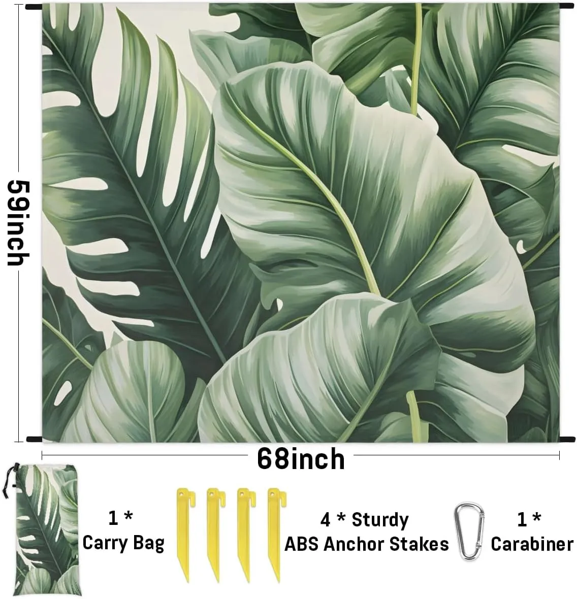 Beach Blanket, Palm Leaves Sandproof Beach Mat, Waterproof Quick Drying Sand Free Mat with 4 x Ground Spikes for Outdoor Travel Camping Hiking, Tropical Palm Leaves 68 x 59 in