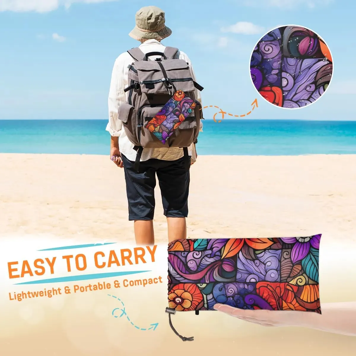 Beach Blanket, Retro Flowers Sandproof Beach Mat, Waterproof Quick Drying Sand Free Mat with 4 x Ground Spikes for Outdoor Travel Camping Hiking, Florals 68 x 59 in