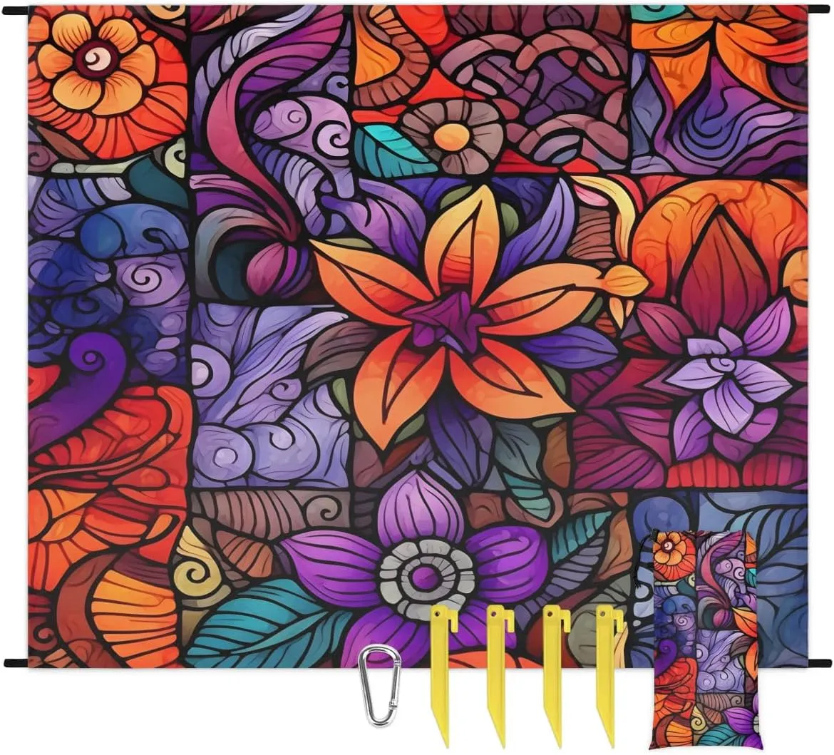 Beach Blanket, Retro Flowers Sandproof Beach Mat, Waterproof Quick Drying Sand Free Mat with 4 x Ground Spikes for Outdoor Travel Camping Hiking, Florals 68 x 59 in