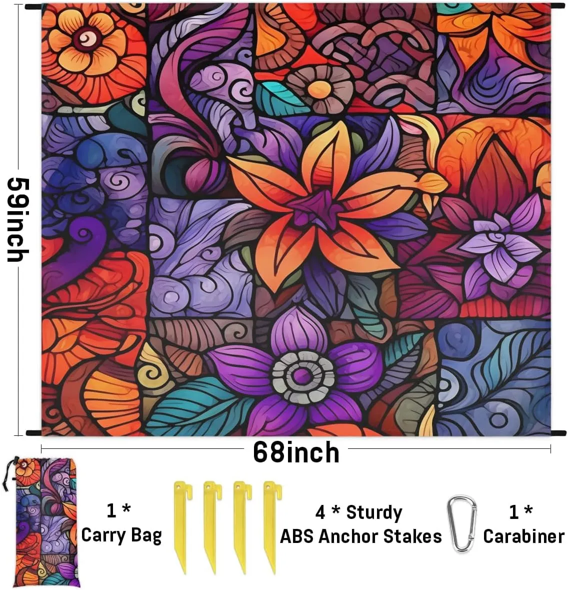 Beach Blanket, Retro Flowers Sandproof Beach Mat, Waterproof Quick Drying Sand Free Mat with 4 x Ground Spikes for Outdoor Travel Camping Hiking, Florals 68 x 59 in