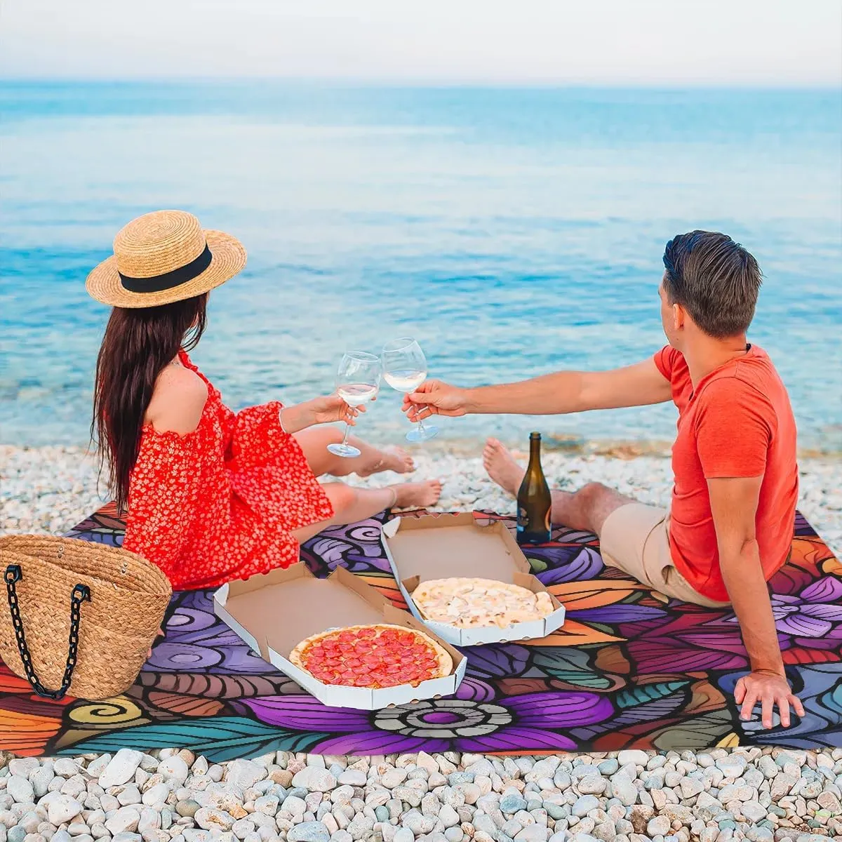 Beach Blanket, Retro Flowers Sandproof Beach Mat, Waterproof Quick Drying Sand Free Mat with 4 x Ground Spikes for Outdoor Travel Camping Hiking, Florals 68 x 59 in
