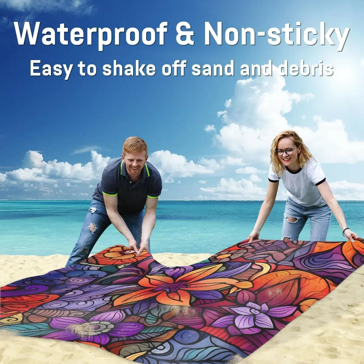 Beach Blanket, Retro Flowers Sandproof Beach Mat, Waterproof Quick Drying Sand Free Mat with 4 x Ground Spikes for Outdoor Travel Camping Hiking, Florals 68 x 59 in