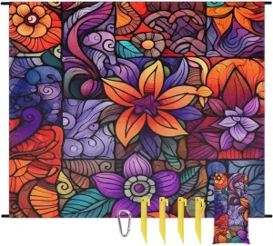 Beach Blanket, Retro Flowers Sandproof Beach Mat, Waterproof Quick Drying Sand Free Mat with 4 x Ground Spikes for Outdoor Travel Camping Hiking, Florals 68 x 59 in