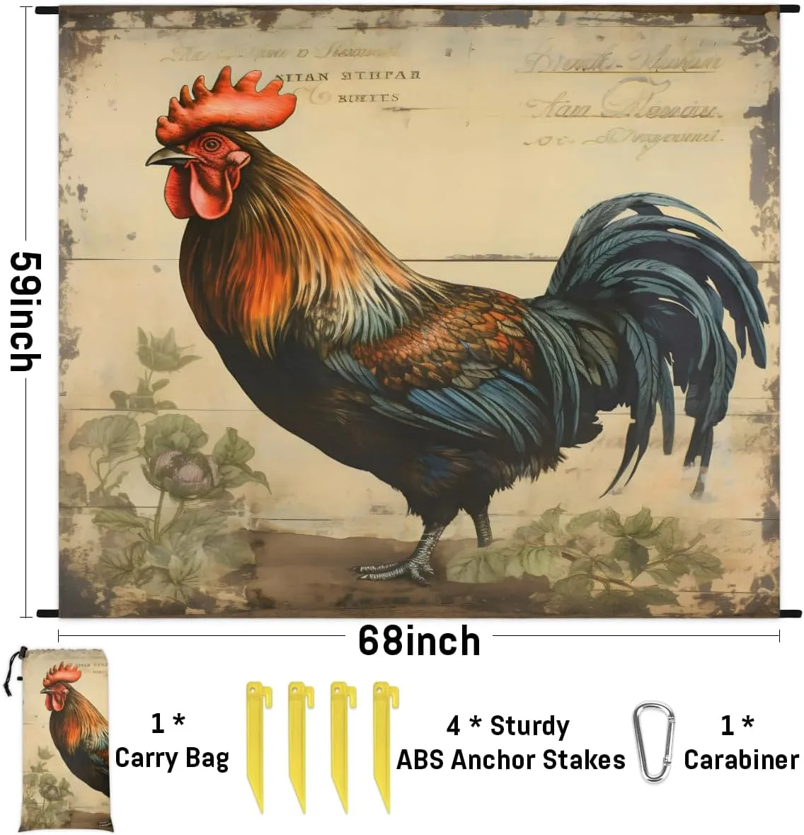 Beach Blanket, Rooster Sandproof Beach Mat, Waterproof Quick Drying Sand Free Mat with 4 x Ground Spikes for Outdoor Travel Camping Hiking, Farm Rooster 68 x 59 in