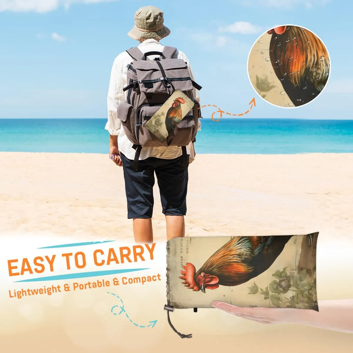 Beach Blanket, Rooster Sandproof Beach Mat, Waterproof Quick Drying Sand Free Mat with 4 x Ground Spikes for Outdoor Travel Camping Hiking, Farm Rooster 68 x 59 in