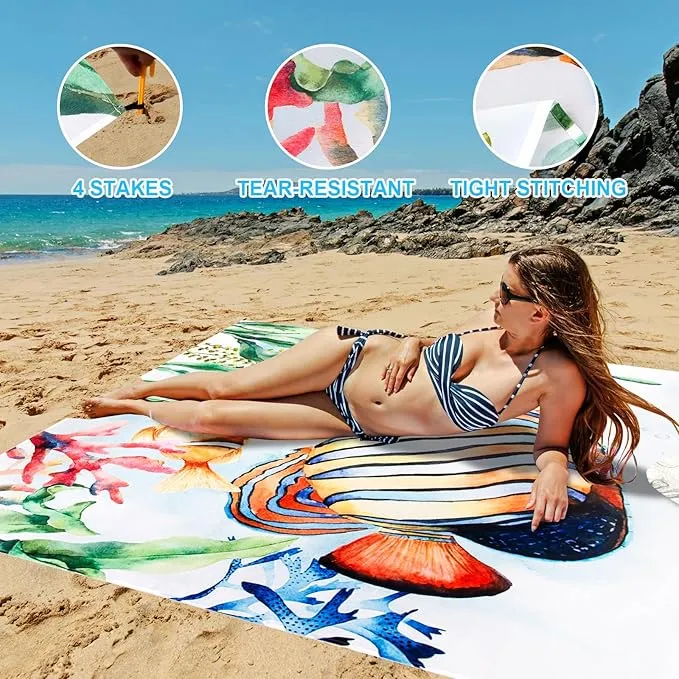 Beach Blanket, Sandproof Beach Mat 79" X 82" for 4-7 Adults, Large Waterproof Beach Blanket Quick Drying Lightweight Beach Blanket with 4 Stakes for Travel Camping Hiking (Deep Sea)