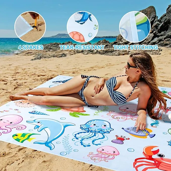 Beach Blanket, Sandproof Beach Mat 79" X 82" for 4-7 Adults, Large Waterproof Beach Blanket Quick Drying Lightweight Beach Blanket with 4 Stakes for Travel Camping Hiking (Ocean)