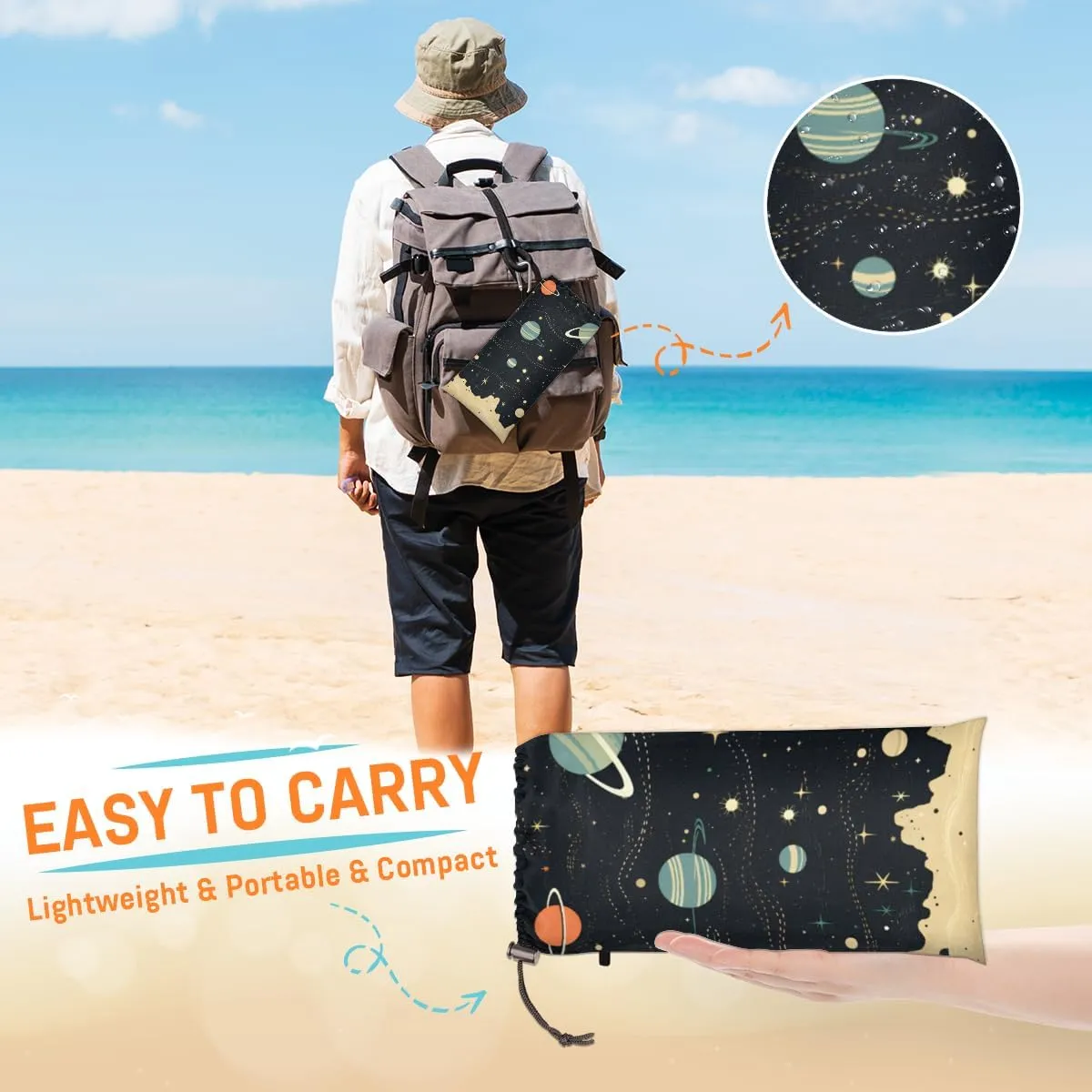 Beach Blanket, Space Planet Sandproof Beach Mat, Waterproof Quick Drying Sand Free Mat with 4 x Ground Spikes for Outdoor Travel Camping Hiking, Galaxy 68 x 59 in