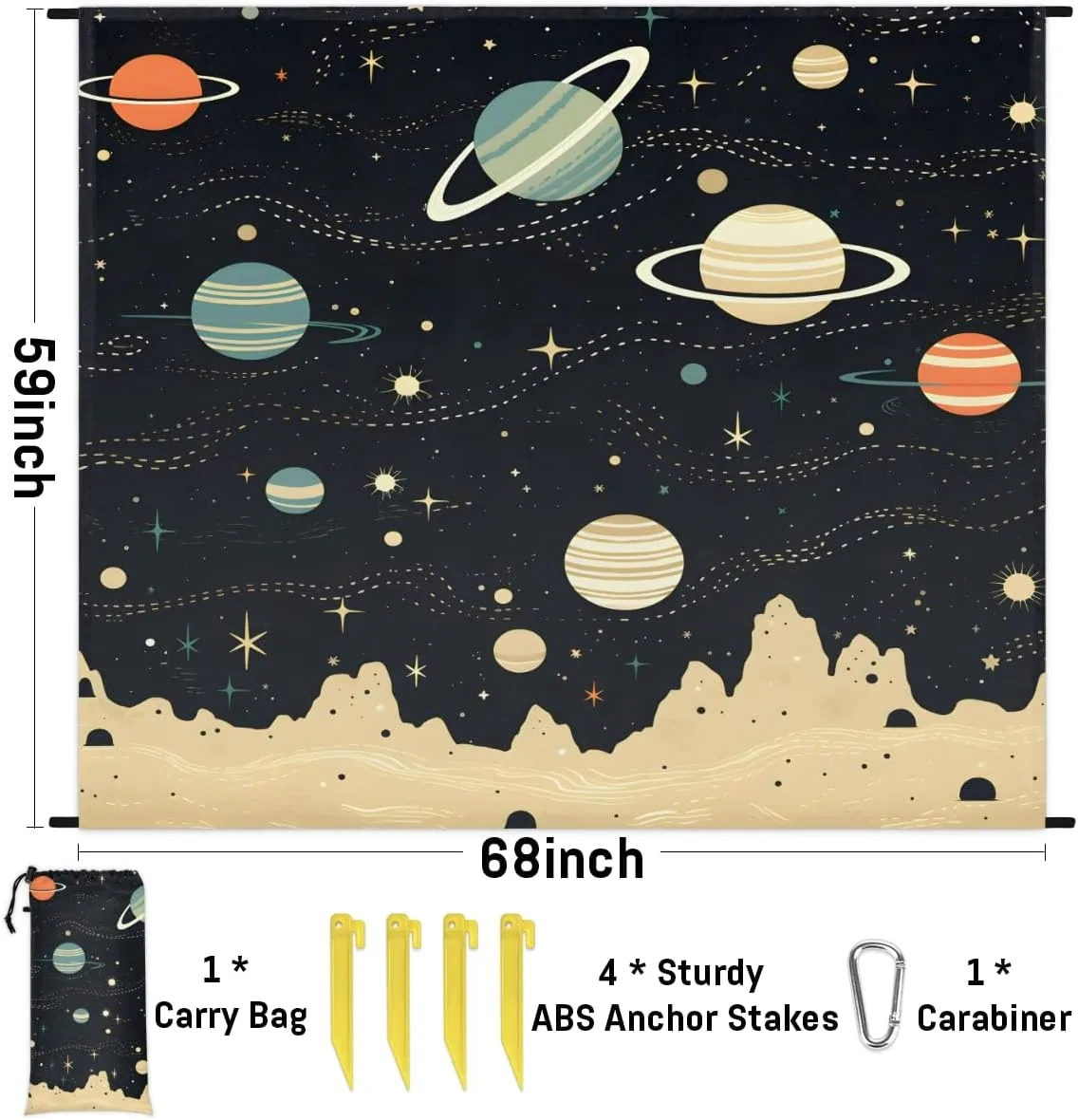 Beach Blanket, Space Planet Sandproof Beach Mat, Waterproof Quick Drying Sand Free Mat with 4 x Ground Spikes for Outdoor Travel Camping Hiking, Galaxy 68 x 59 in