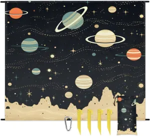 Beach Blanket, Space Planet Sandproof Beach Mat, Waterproof Quick Drying Sand Free Mat with 4 x Ground Spikes for Outdoor Travel Camping Hiking, Galaxy 68 x 59 in