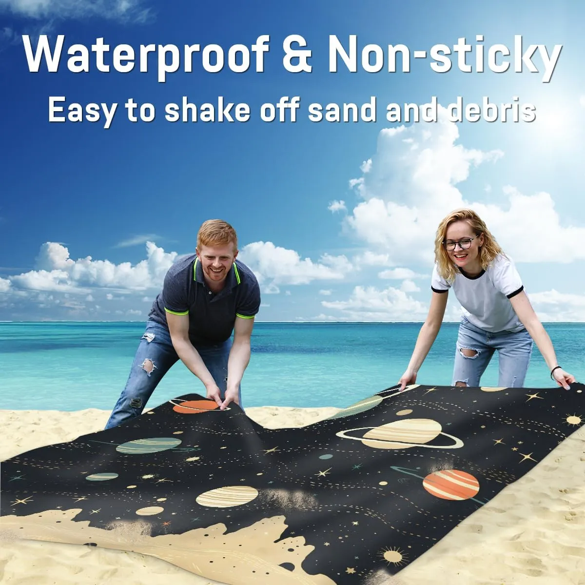 Beach Blanket, Space Planet Sandproof Beach Mat, Waterproof Quick Drying Sand Free Mat with 4 x Ground Spikes for Outdoor Travel Camping Hiking, Galaxy 68 x 59 in